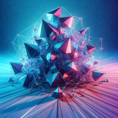 The primary subject of the image is a three-dimensional geometric structure made of triangles, which is displayed in a blue and pink color scheme. The setting is a blue background, and the visual style appears to be a digital art or illustration. The dominant colors are blue and pink, creating a vibrant and visually appealing atmosphere.